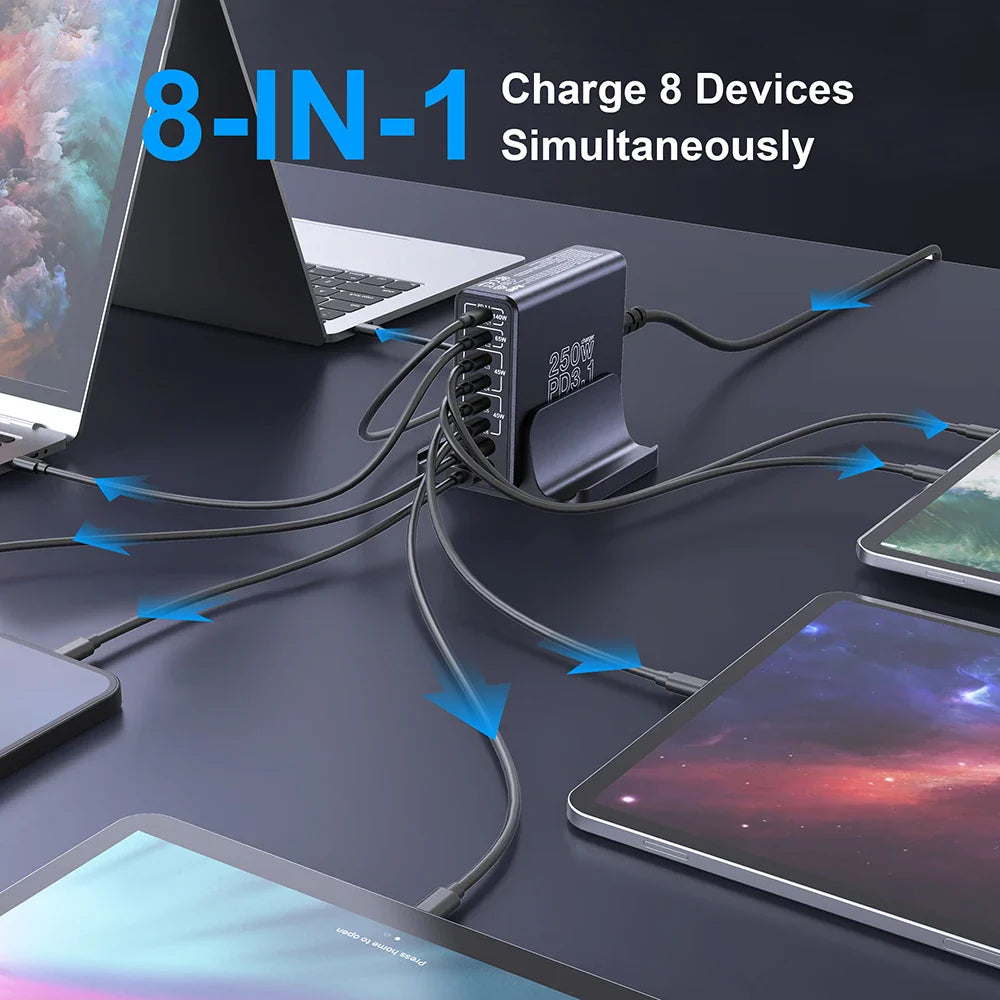 250W GaN USB C Charger Station 8-Ports Fast Charger Type C PD3.1 PD3.0 PPS Quick Charger For Macbook Pro iPad iPhone 16 Samsung