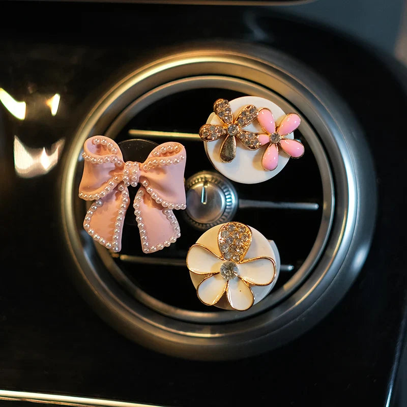 1 set Diamond Bow Flower Air Freshener Car Outlet Aromatherapy Clip Car Perfume Solid Diffuser Decoration Clips Auto Accessories